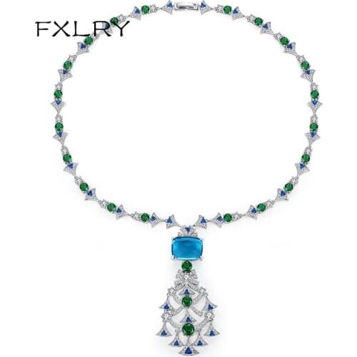 FXLRY Luxury Chandelier Necklace for Women Luxury CZ Jewelry for Wedding Party Double Color Sweater chain Fashion Jewelr