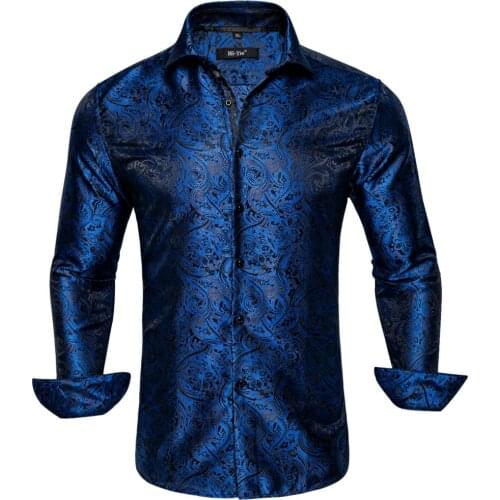 Hi-Tie Navy Blue Gold Paisley Floral Mens Silk Shirt Long Sleeve Casual Shirt For Men Jacquard Male Business Party Wedding Dress