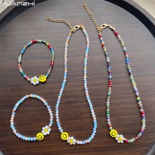 HUANZHI 2021 Summer Colorful Face Smiley Daisy Flowers Crystal Beaded Bracelet Necklace Clavicle Choker for Women Girls Jewelry