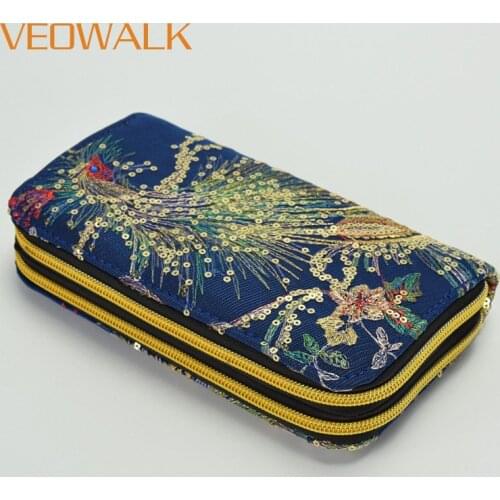 Veowalk Peacock Shiny Sequins Embroidered Women Canvas Purse Handmade Ladies Big Wallets for Phone Keys Cards Coins