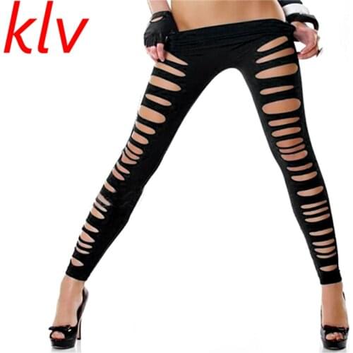 KLV Fashion Leggings Irregular Hole Hollow Womens Leggins Sexy Low Waist Black Summer Slim Punk Rock Elastic Bandage Femme Pants