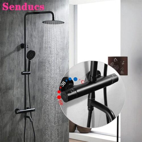 Matte Black Thermostatic Bathroom Shower System HUNNISE Quality Brass Rainfall Waterfall Shower Faucet Black Bath Shower Set