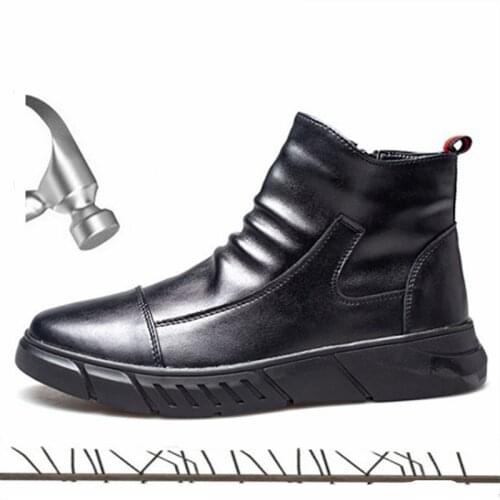 Fashion Black Boots Mens Indestructible Shoes Steel Toe Caps Waterproof Work Safety Shoes Non-slip Wear-resistant Leather Shoes