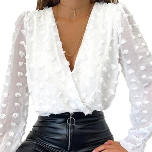 Fashion Women Deep V Neck Top White Jacquard Shirt Female Long Sleeve Chic Shirt Sexy Polka Dot Solid Color Mesh Blouses