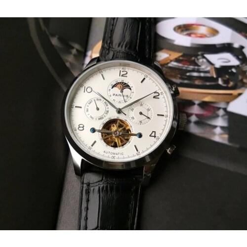 New fashion PARNIS 43mm Automatic Self-Wind movement moon phase mens watch Auto Date and week Mechanical watches pa92-p8