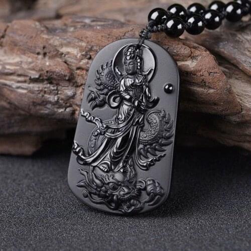 Natural Obsidian Dragon Guan Yin Jade Pendant Jewelry Lucky Exorcise Evil Spirits Auspicious Amulet Jade Pendant Fine Jewelry