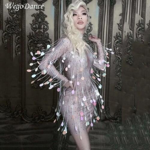 New Colorful Sequins Tassel Dress Women Birthday Evening Celebrate One-piece Dress Sexy Skinny Costume Dance Short Dress