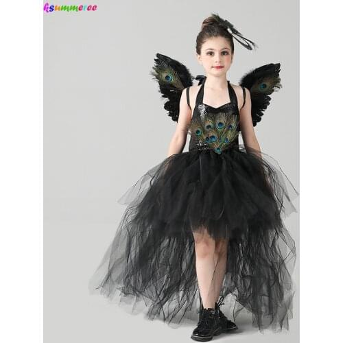 Girls Peacock Feather Party Tutu Dress for Halloween with Wing Kids Princess Pageant Prom Ball Gown Dress Fancy Peacock Costume