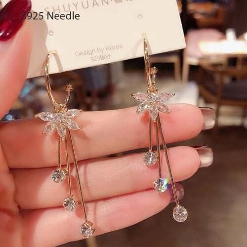 Real 925 Sterling Silver Needle Long Dangle Earrings for Women Jewelry Fairy Flower Cystal Female Drop Tassel Earrings