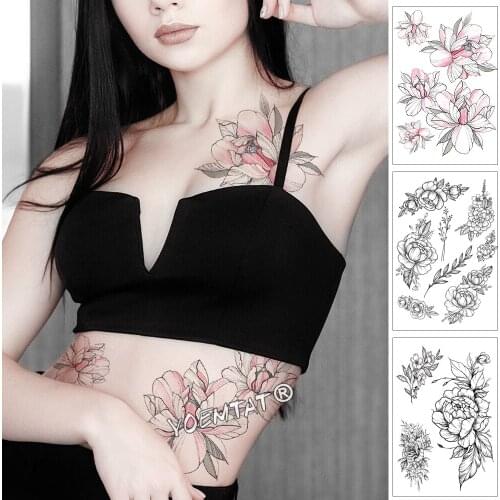 Pink Peony Rose Flower Waterproof Temporary Tattoo Sticker Black Tatto Body Art Big Arm Hand Girl Women Fake Tatoo