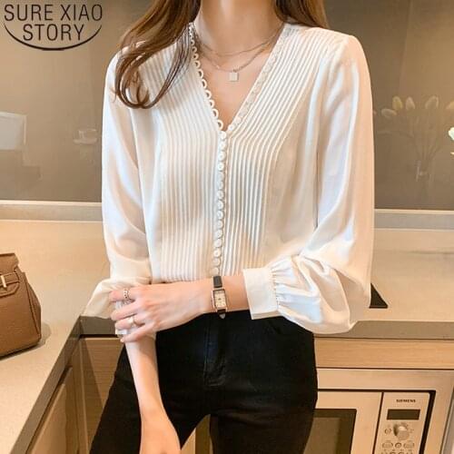 Noble Pleated Fashion V-neck Button Shirts Elegant Women Blouses 2021 Autumn Silk Long Sleeve Blouses Clothes Blusas Mujer 16106