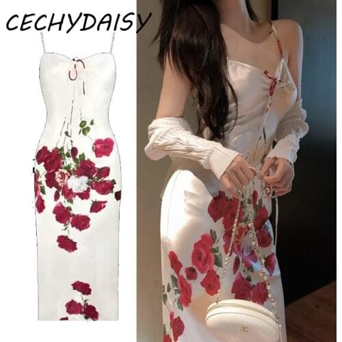 She Beaty Sexy Vintage Hot Curve Rose Floral Bodycon Midi Long Dresses Strap Sleeveless Print Fitness Clubwear Party Night Dress
