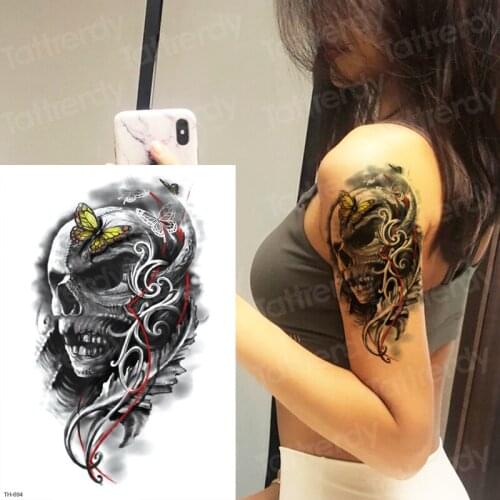 Skeleton temporary tattoo skull sleeve tattoo designs for men women halloween body stickers death samurai tattoos black body art