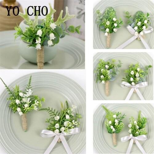 YO CHO Bride Wrist Corsage Wedding Boutonniere Lily of the Valley Girl Bracelet White Green Plant Forest Style Wedding Corsages