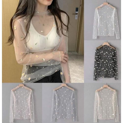 2021 New Arrival Summer Daisy Flower Print Mesh T Shirt Women Korean Long Sleeve Fishnet T Shirt Tops Fashion Sunscreen Tee