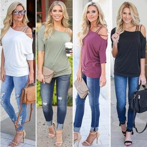 2020 Summer Casual Loose T Shirts Women One Shoulder Off Sexy Cotton Short Sleeves New Solid Tops Fashion Clothings