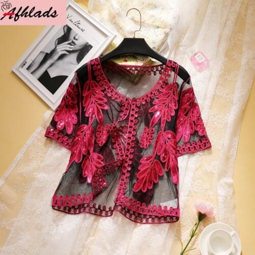 Summer New Korean Embroidery Sequin Womens Clothing Patchwork Coat Fashion Thin Female Half Sleeve Sexy Cardigan Outerwear