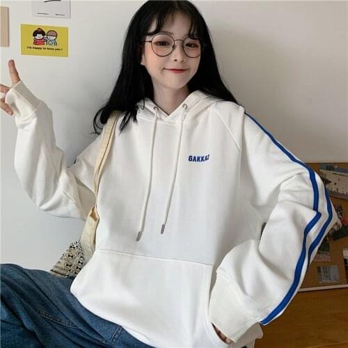S-3XL Harajuku Womens Hoodie Japanese Letters Hoodies College Loose Plus Size Fleece Pullover Girls Student Sweatshirt Jackets