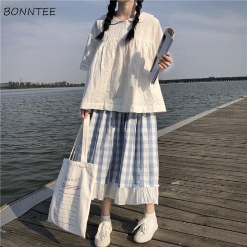 Sets Women White Blouses Blue Plaid Skirts Ruffles Summer Students Japanese Style Loose Fashion Two Pieces Outfits Lovely Mujer