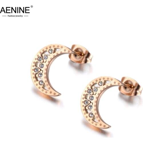 AENINE Trendy Neo-Gothic Moon Inlay CZ Crystal Stainless Steel Stud Earrings For Women Rose Gold Ear Jewelry Accessories AE19174