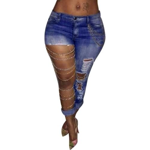 Women Slim Denim Ripped Chain Big Hole Jeans Trousers Pencil Pants Showing long slender legs Skinny Jeans hip pop Gothic sexy