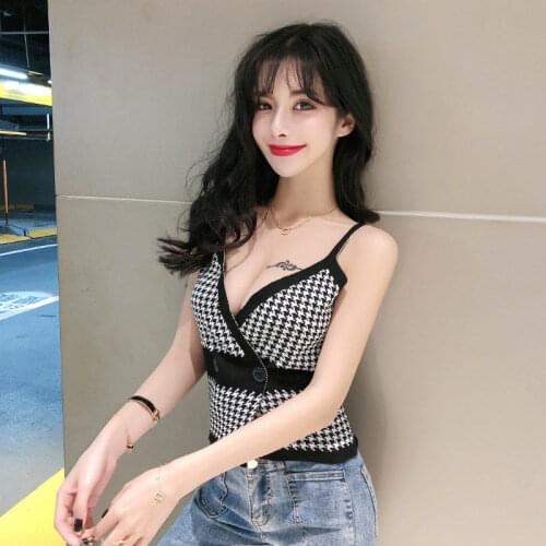 Women Corset Tops V-neck Sweater 2021 Summer Button Plaid Sleeveless Top Summer Tank Camis Crop Top For Women