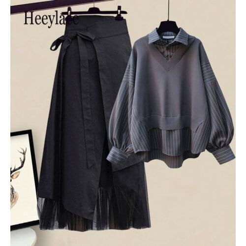 Plus Size Women 2021 Winter Patchwork Long Sleeve Tops + Asymmetric Skirt 2 Piece Suit Female Party Elegant Casual Two Piece Set