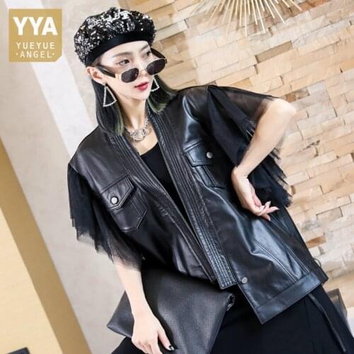 High Street Women Loose Sleeveless Sheepskin Waistcoat V Neck Gauze Ruffles Genuine Leather Vest Tops Ladies Harajuku Outerwear