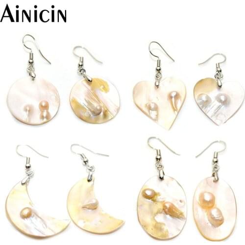 10pairs Mother Pearl Shell Moon Heart Oval Round Shape Hook Earrings Fashion Women Jewelry Gift