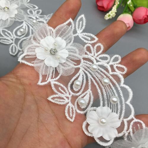 2 yard White 3D Diamond Flower Lace Trim Leaf Embroidered Fabric Lace Ribbon Sewing Craft For Costume Clothes Wedding Dress