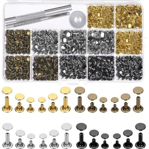 480 Sets 4 Colors 3 Sizes Leather Rivets Double Cap Rivet Tubular Metal Studs with Tool Kit for Leather Craft Repairs Decoration