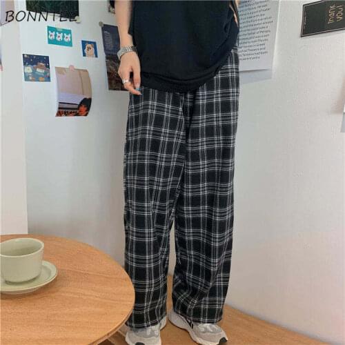Pants Women 3XL Harajuku Chic Plaid Classic Oversized Wide-leg High Street Teens Trouser Full-length Trendy BF Style Ladies Pant