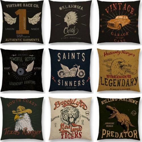 Retro Rock Punk English Words Free Power Fighting Guitar Motorcycle Boxing Eagle Muscle Car Cushion Cover Colorful Pillow Case