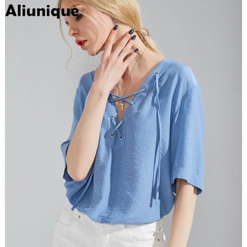 Aliunique New T-shirt for Women 2021 Summer High Quality Fashion Lace-up V-neck Casual Loose Slim Womens Top Comfortably INS