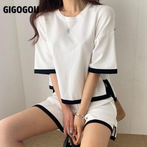 GIGOGOU Summer Tracksuits Women Two Pieces Set Leisure Outfits Knitted Oversized T-shirt High Waist Shorts 2 Piece Suit Clothing