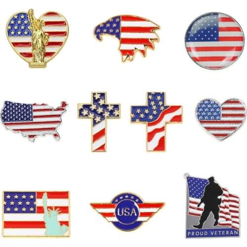 HOSENG 11Pcs Enamel USA Flag Map Eagle Cartoon Brooch Fashion Patriotism Coat Dress Badge Red Color Alloy Lapel Jewelry HS_396