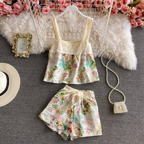 High Quality2021summer Sunday Set elastic waistband pants embroidery Cropped top with ruffle detail and cute ruffle mini shorts