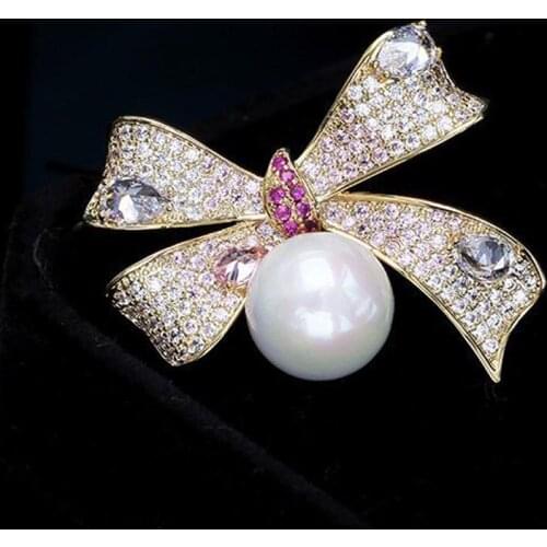 Fashion Classic Sparkling Boeknot Brooch With Fake Pearl High Quality Metal Gold Plated Cubic Zirconia Brooches For Clothing