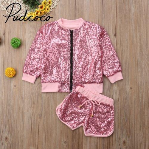 Fashion Toddler Baby Girls Bling Sequins Cardigan Pink Jacket+shorts Outfits 1-6y
