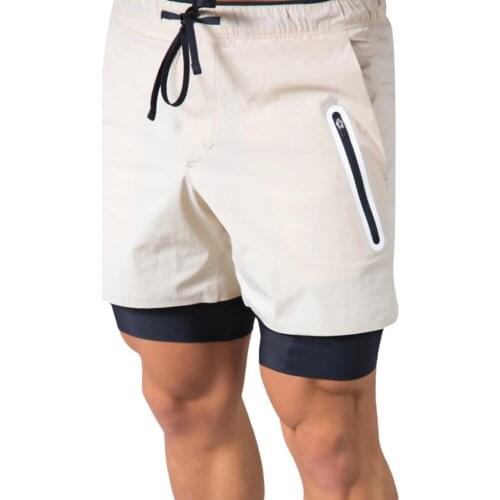 Men Letter Print Sport Shorts with Multi-pockets, Double Layers Stretchy Drawstring Short Pants for Summer