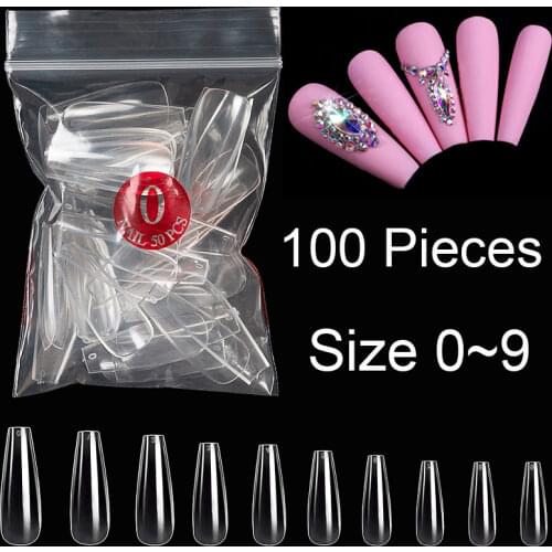 100 Pieces Full Cover Ballerina False Nail At Tips Same Size Size 0 ~ 9 Avaialble Fake Nails For Nail Drawing Practice Nail DIY