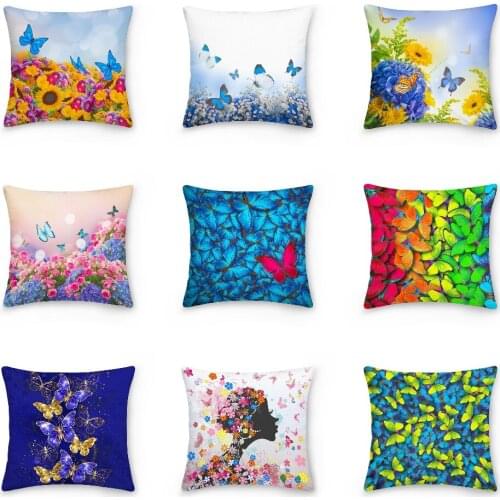 3D Colorful Butterflies And Flowes Pillowcase Beautiful Idyllic Scenery Pillow Cover Floral Print Sofa Cushion Covers Decorative