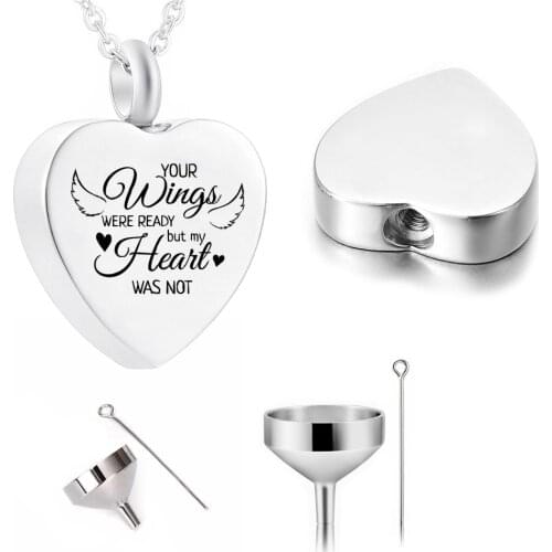 Heart-shaped Cremation Jewelry Angel Wings Engraved With Stainless Steel Urn Necklace-Your Wings Are Ready But My Heart Is Not
