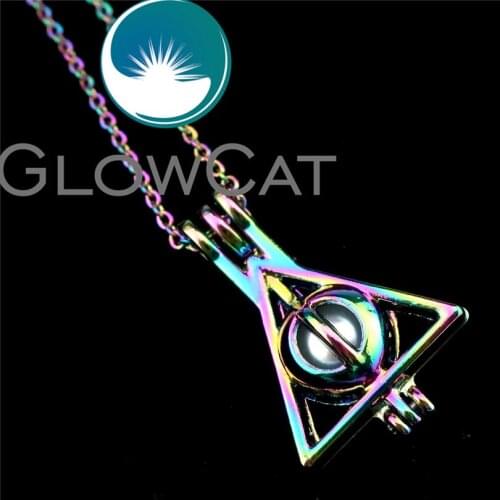 GLOWCAT R-C692 Rainbow Color Deathly Hallows Beads Cage Pendant Perfume Diffuser Aromatherapy Pearl Cage Locket Necklace