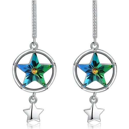 SILVERHOO Earrings For Women 925 Sterling Silver Green Star Austria Crystal Drop Earring Female Fine Party Jewelry New Arrival