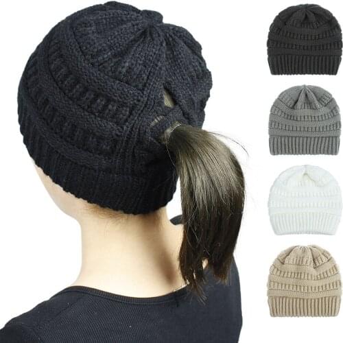 Solid Color Horsetail Hat Autumn Winter Warm Rear Opening Tail Knitted Beanie Wool Earmuffs Women Beanie Outdoor Cap For Ladies