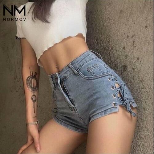 NORMOV Denim Shorts with Pockets Fashion Women Summer Buttons High Waist Jeans Split Fork Sexy Hollow Out Shorts