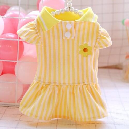Yellow Dress For Dog Striped Dog Clothes For Pet Dresses Puff Sleeve Sunflower Print POLO Shirt Skirts Small Dogs Pets Clothing
