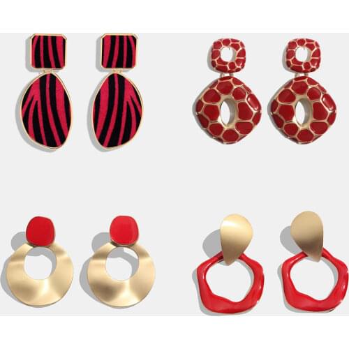 Flatfoosie Fashion Square Long Drop Earrings For Women Boho Geometric Red Leopard Print Punk Dangle Statement Earring Jewelry