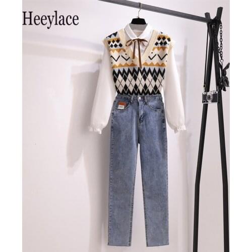 Women Sets 3 Pieces Outfits Autumn Elegant Fashion Office Ladies Simple All-match Shirt Retro Knitted Vest Straight Jeans Suits